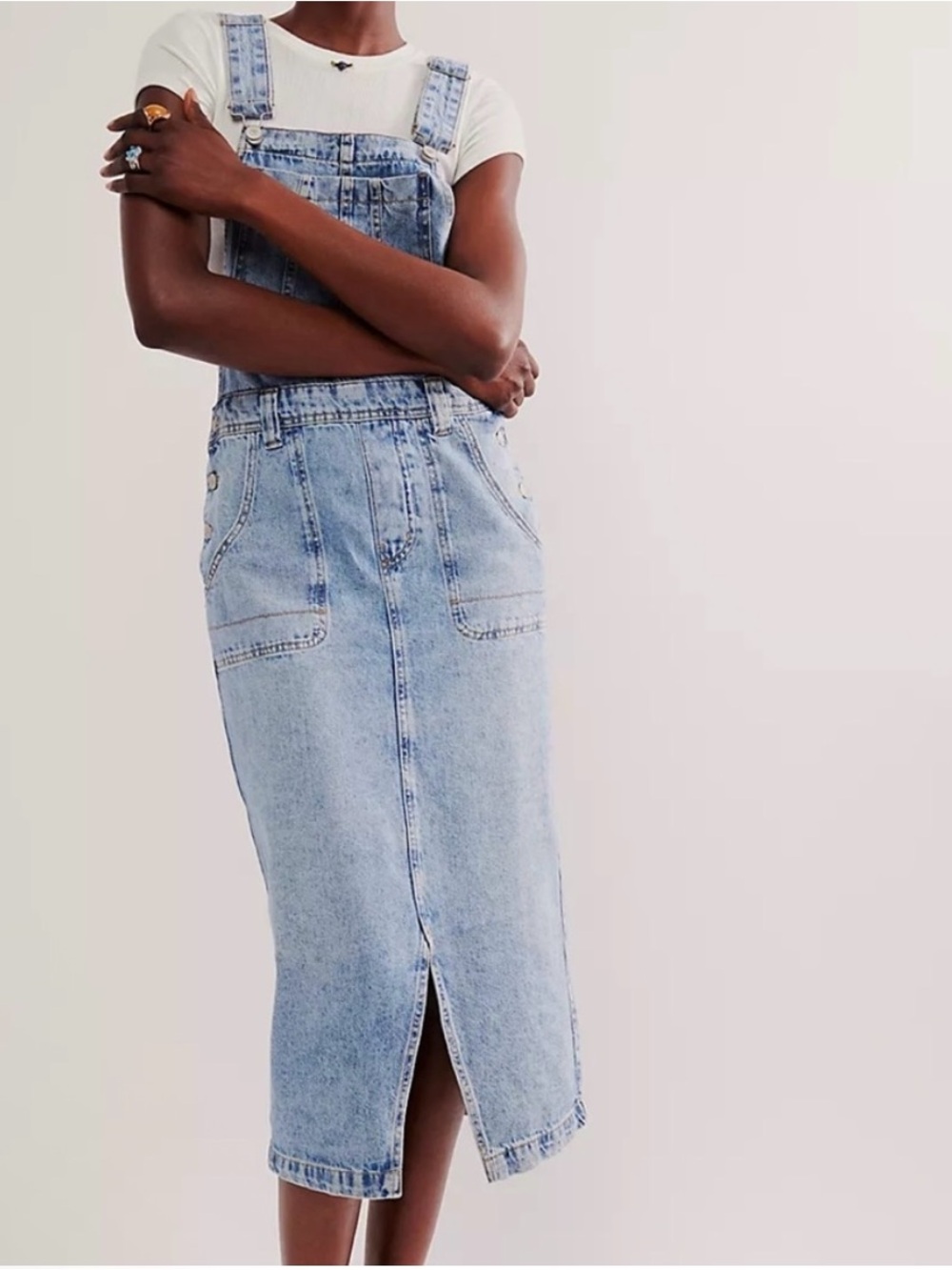 We The Free Light Wash Denim Overall Midi Skirt